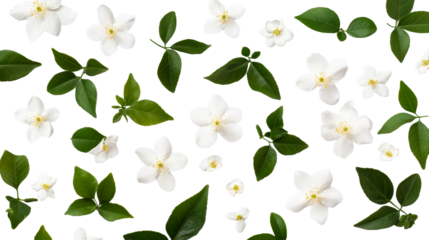 White flowers, green leaves isolated against black background, cut out transparent