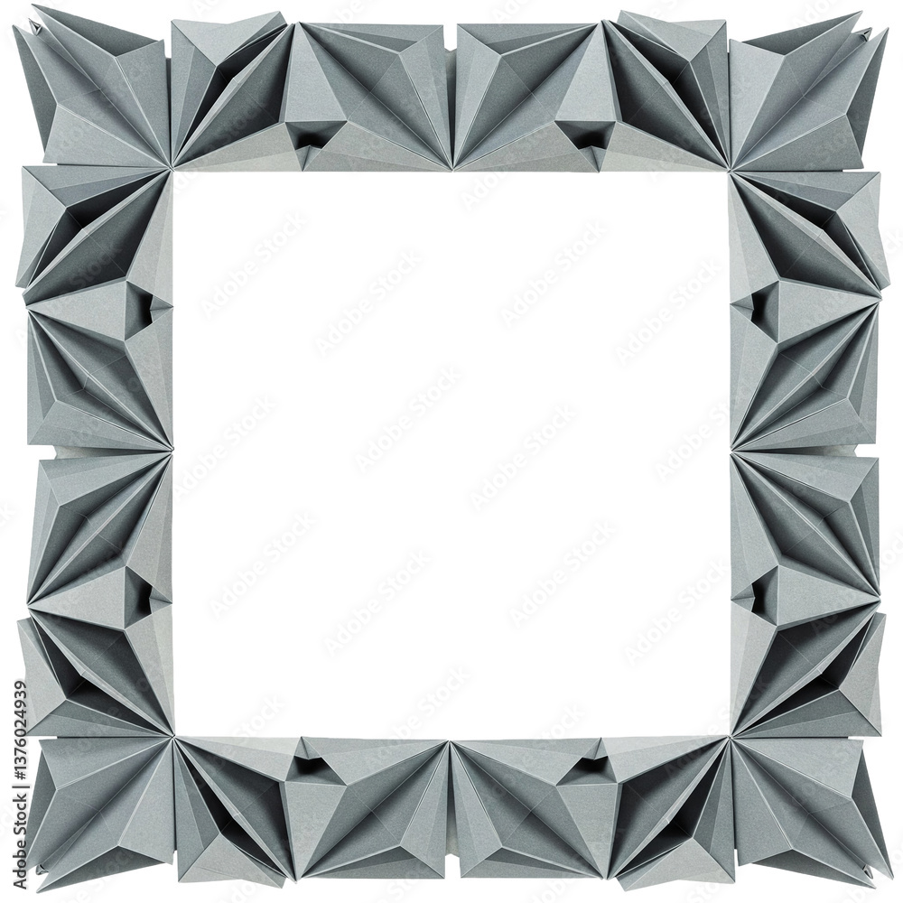 Poster gray paper origami planes form a square frame isolated on a transparent background, showcasing a cle