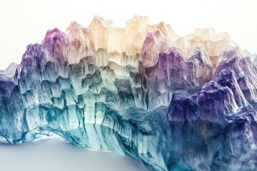 Obraz premium Abstract colorful mountain range, gradient hues of blue, purple, and gold, with translucent textures on a white background, artistic and captivating.