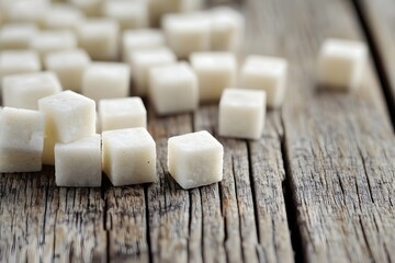 Closeup of Sugar Cubes on Rustic Wooden Table