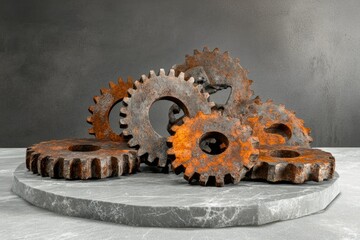 A group of rusty gears are arranged on a grey marble surface against a dark grey backdrop.