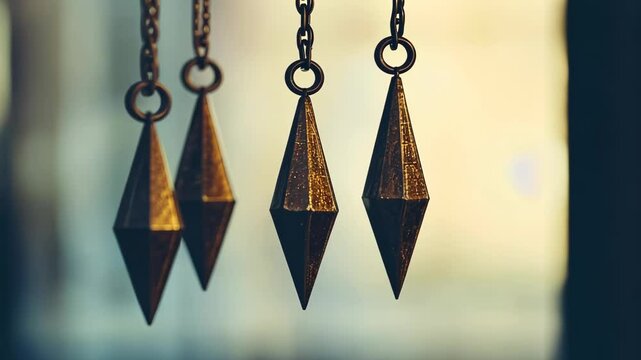 Metal pendulums hanging in a row, reflecting warm light during late afternoon near a construction site