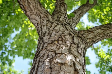 Fototapeta premium A majestic tree with textured bark and lush green foliage overhead