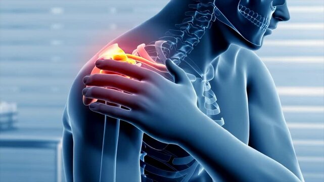 3D rendered Medical Animation of inflammation of a man's right shoulder.