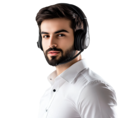 Young professional with headset for communication and support services on a transparent background, cut out