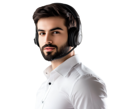 Young professional with headset for communication and support services on a transparent background, cut out