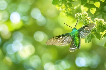 A vibrant green moth rests on a flower, surrounded by a lush, out-of-focus green background, creating a peaceful natural scene.