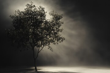 Obraz premium A solitary tree emerges from the surrounding hazy darkness