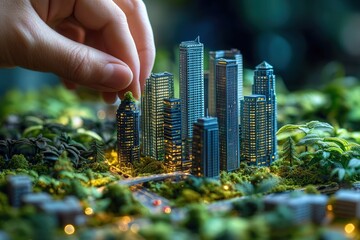 Hand adjusting a miniature city with skyscrapers and greenery, symbolizing urban planning and sustainability.