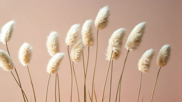 Group of dried lagurus ovatus grass plumes on a pale pink background create a minimalist arrangement