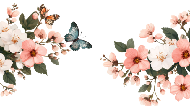 Floral arrangement with butterflies, blossoms, and foliage, cut out transparent - Powered by Adobe
