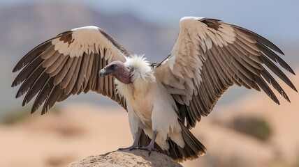Fototapeta premium Vulture Standing on a Rock with Wings Fully Spread in Desert Landscape