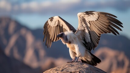 Vulture Perched on Rock with Wings Spread Wide Against a Mountainous Landscape