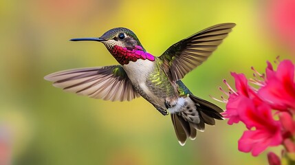 Fototapeta premium Hummingbird in Mid-Flight Sipping Nectar from Red Flower with Iridescent Green and Purple Feathers
