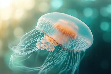 Naklejka premium Translucent jellyfish drifting gracefully in the ocean with a glowing, ethereal quality and wispy tentacles.