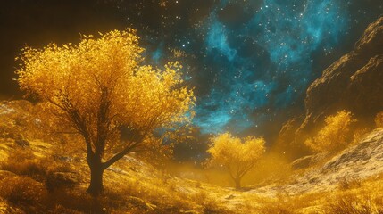 Obraz premium Golden trees stand on a hill beneath a starry night sky