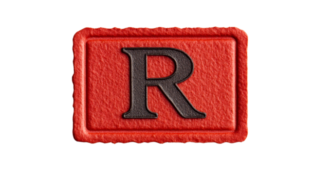 Letter "R" in red alphabet block with black letter, cut out transparent