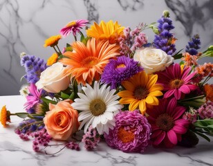  Bunch of flowers on white marble table, colorful flower bouquet
