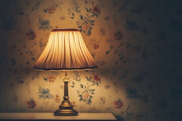 A lamp illuminates a room with floral wallpaper in the background