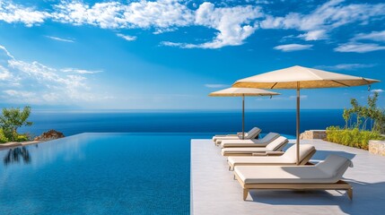 Fototapeta premium Fantastic private villa, terrace view with sun beds chairs under umbrella, luxury pool hotel stunning summer pattern. Beautiful spa or wellness, recreational vacation resort tourism. Tranquil sea sky