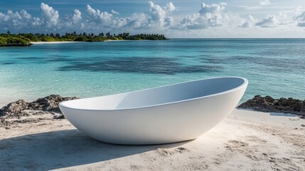 A stylish summer display stand with a sleek design, placed on a beach with distant islands and blue waters.