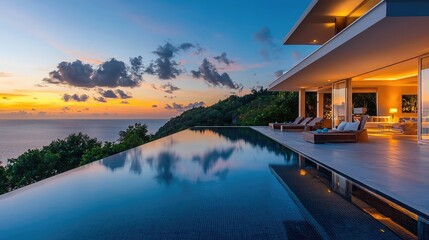 Fototapeta premium A glamorous villa with a wraparound infinity pool, reflecting the beautiful ocean and sky as the sun sets in the distance.