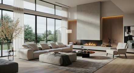 Fototapeta premium Modern Living Room Interior Design with Fireplace and Large Windows
