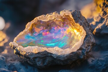 Obraz premium A geode reveals a stunning iridescent interior with shimmering blues, pinks, and gold, nestled within a rocky exterior.