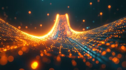 Glowing orange and blue light strands flowing across a dark space