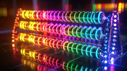 A glowing digital abacus with animated numbers and colorful beads.