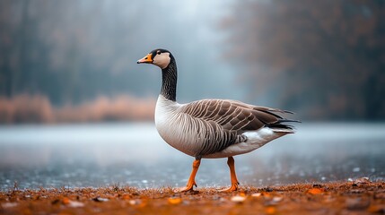 Fototapeta premium A Majestic Graylag Goose with Detailed Gray and White Plumage, Walking Along a Misty Riverside at Dawn, Creating a Serene Atmosphere
