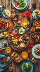 Top-down view of a rustic wooden table filled with colorful food and drinks dynamic layout