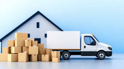A white moving truck is parked near a stack of cardboard boxes in front of a house model against a light blue background. The scene depicts residential relocation or delivery.