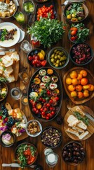 Fototapeta premium Top-down view of a rustic wooden table filled with colorful food and drinks dynamic layout