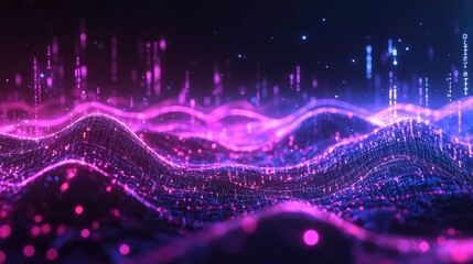 A glowing neon equation floating in a digital landscape.