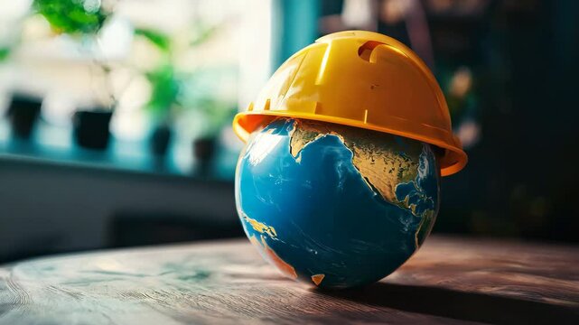 Earth Wearing a Yellow Construction Helmet on Wooden Table