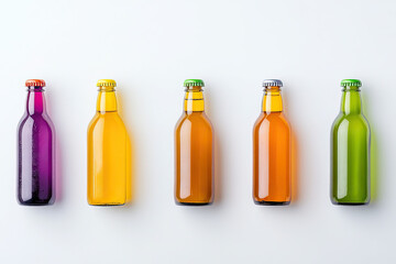 A vibrant row of colorful bottled beverages, each a unique hue, ready to quench thirst and delight the senses with their bright, refreshing appeal.