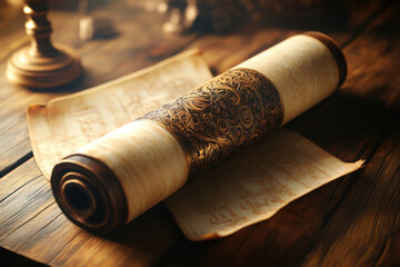 Fototapeta premium Antique scroll with intricate designs on a wooden table 