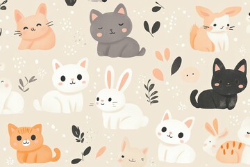 Adorable cartoon cats rabbits and leafy elements are arranged in a pattern
