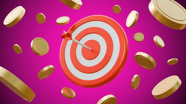 Floating red target and arrow with gold coins on purple background. You win prize banner on purple background. Loyalty program and get rewards. Money prize reward. Casino or online game winner.