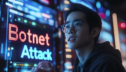 Obraz premium Cybersecurity Alert Young Professional Analyzing a Botnet Attack on a Holographic Interface.