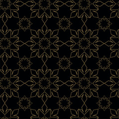 Abstract geometric pattern with crosses, stripes, lines. Seamless vector background. Black and gold ornament. Modern reticulated graphic design.