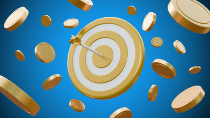 Floating golden target and arrow with gold coins on blue background. You win prize banner on blue background. Loyalty program and get rewards. Money prize reward. Casino or online game winner.