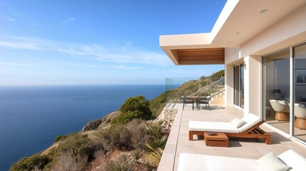 Fototapeta premium A luxurious modern villa overlooking the vast ocean, offering panoramic views of the seascape under a vibrant blue sky. The villa features a spacious terrace.