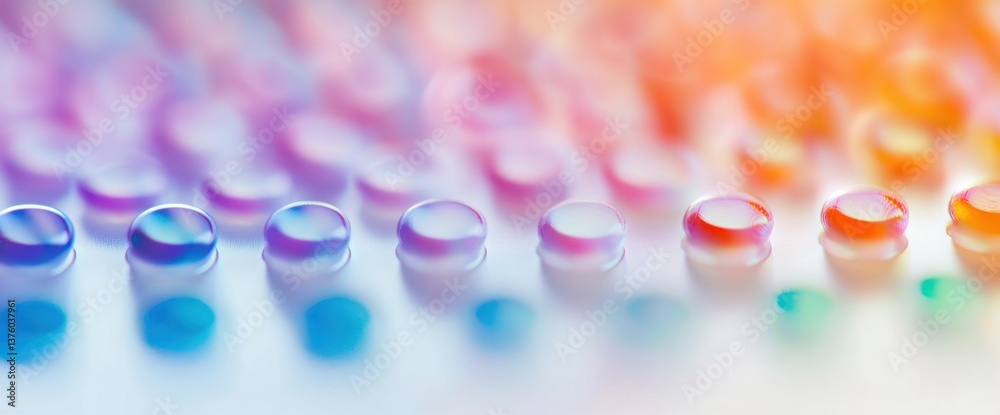 Poster chromatic array, a macro view of gradient hues on rounded acrylic forms