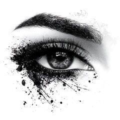Monochrome Eye Close-up with Ink Splatter Artistic Beauty and Fashion Illustration.