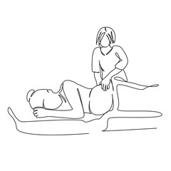 One continuous single drawing line art flat doodle pregnant, relaxation, woman, lifestyle, doctor, abdomen, massage therapist. Isolated image hand draw contour on a white background, hand drawn, not A