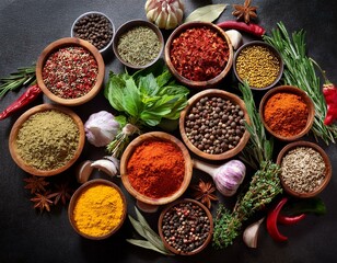 Fototapeta premium Colourful various herbs and spices for cooking on dark background