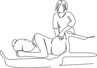 One continuous single drawing line art flat doodle pregnant, relaxation, woman, lifestyle, doctor, abdomen, massage therapist. Isolated image hand draw contour on a white background, hand drawn, not A