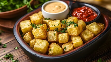 Crispy Fried Potato Cubes with Dips,  Delicious Spanish Tapas